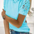 Solid Lace Stitching Crew Neck T-Shirt, Elegant Short Sleeve T-Shirt For Spring & Summer, Women's Clothing