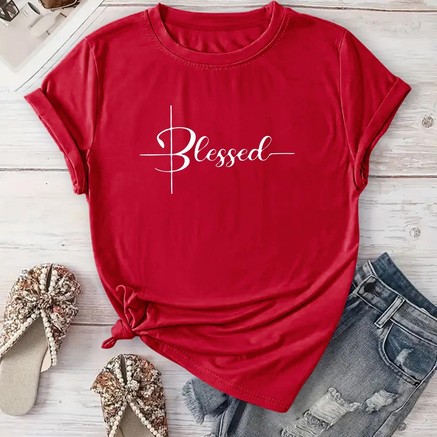 [New Recommendation] Creative Monogram Blessed Printed T-shirt, Women's Casual, Vacation, Short-sleeved Round Neck, Spring and Summer, Machine Washable, New Women's Clothing, Out of the Street Versatile, S