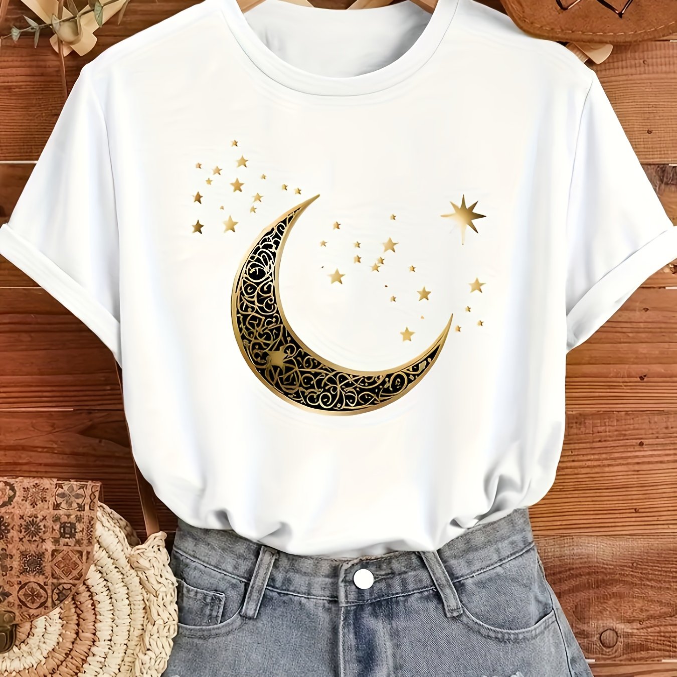 Moon Print Round Neck T-Shirt, Casual Short-Sleeve Top for Spring And Summer, Women'S Clothing
