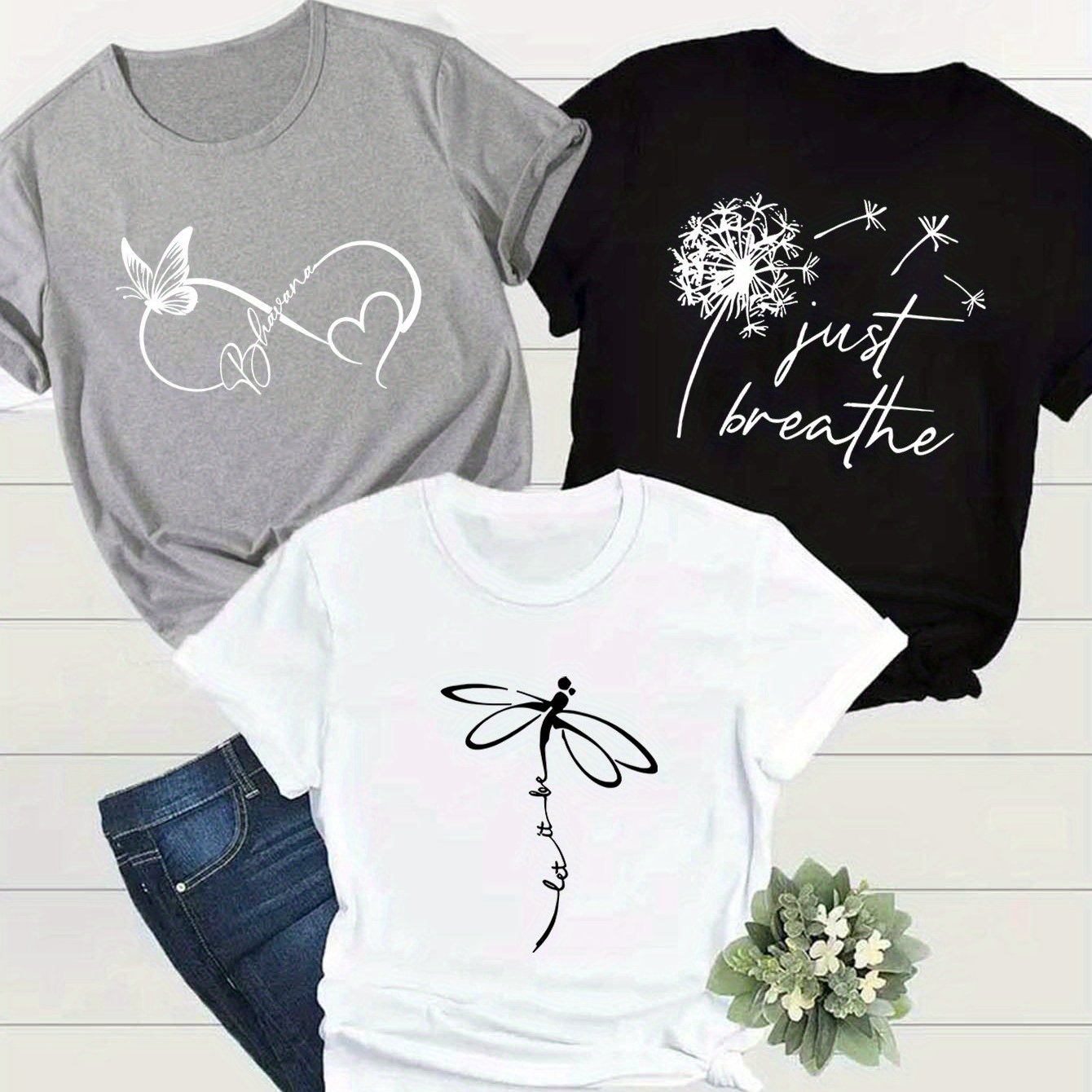 Creative Dragonfly&Butterfly&Dandelion Alphabetical Elements Printed T Shirt 3pcs Set, Summer and Spring Short Sleeve Round Neck Casual Tops Multi Sets for Women