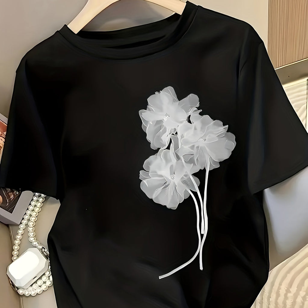 Women's Casual Printed Short-Sleeve T-Shirt - Black Print Design, Round Neck, Lightweight, Machine Washable, Spring/Summer Top, Elegant Women's Shirt