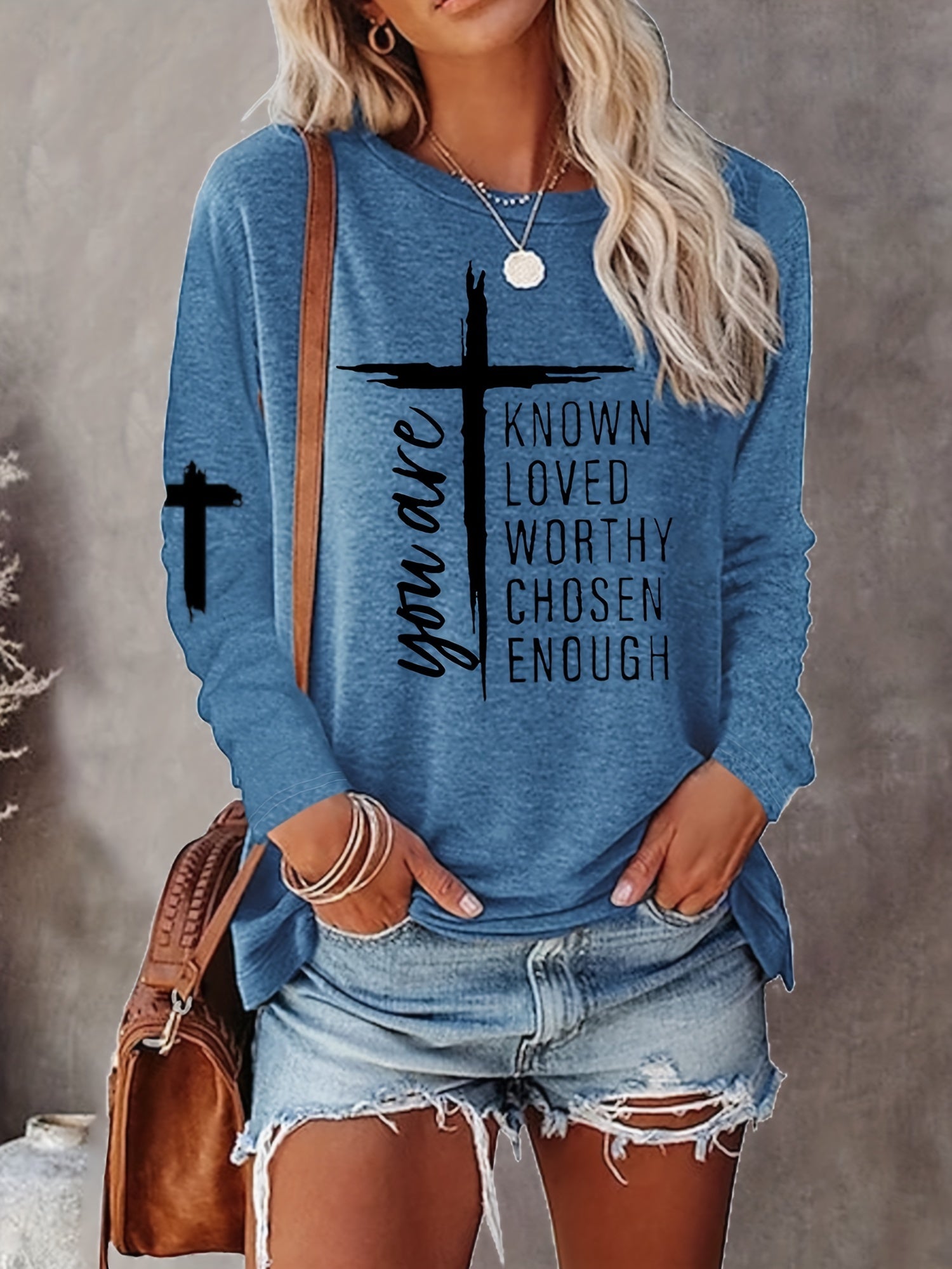 Women's Long Sleeve T-Shirt with Inspirational Lettering & Cross Design - Casual Round Neck Regular Fit All-Season Machine Washable Top, Ladies T Shirts, Casual Attire, Motivational Text Shirt, Soft Texture Apparel