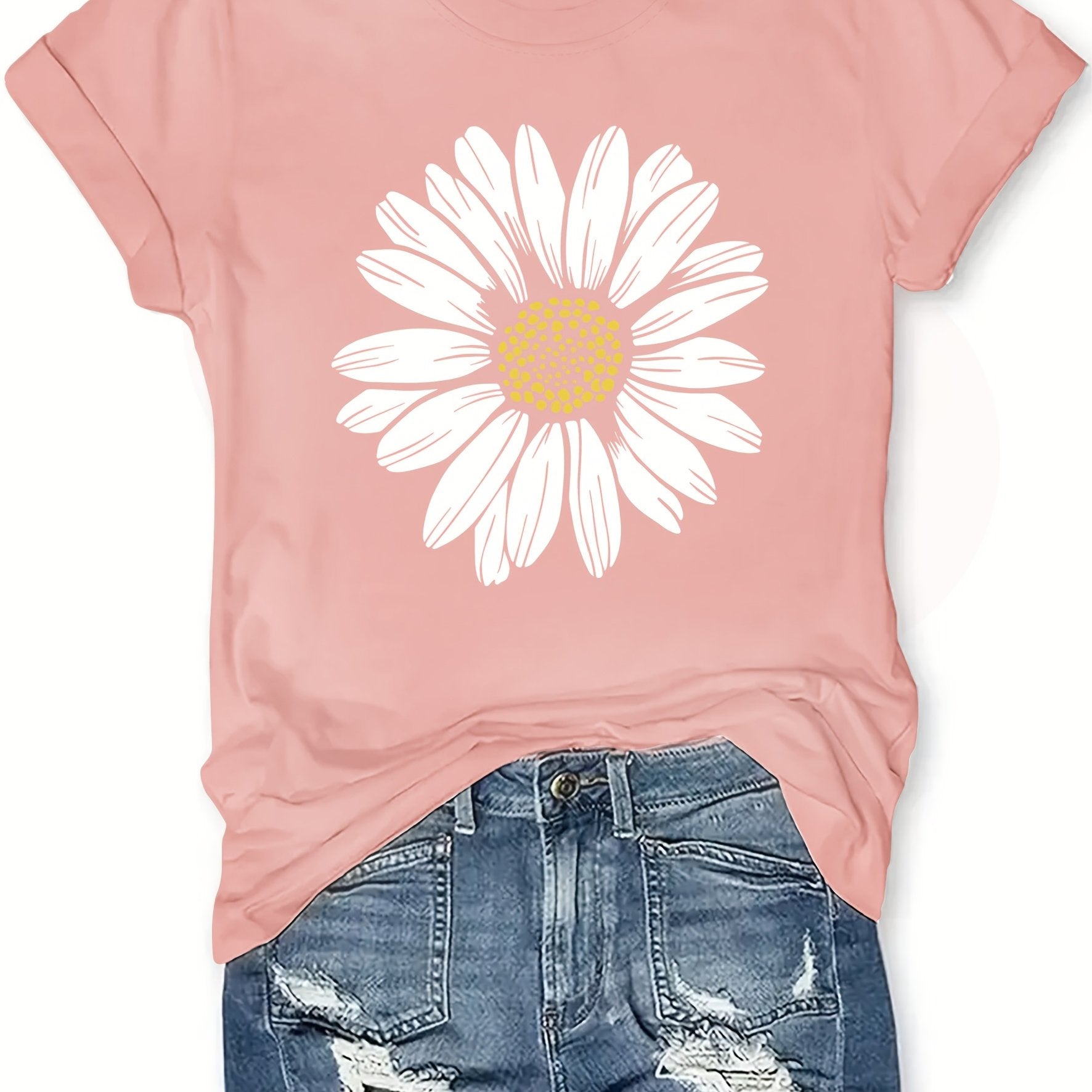 Daisy Flower Print Women's Summer Outfit Combined Version Round Neck T-shirt
