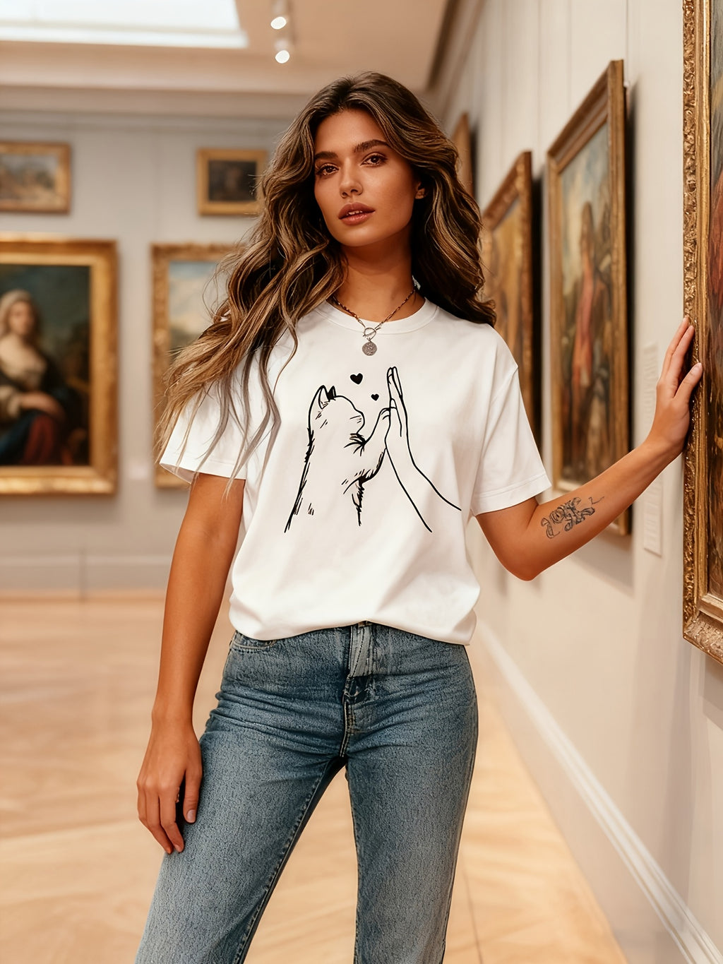 Pet Lovers Cat's Paw Graphic Print Stylish Casual Short Sleeves, Spring and Summer Fit, Round Neck Women's T-shirt