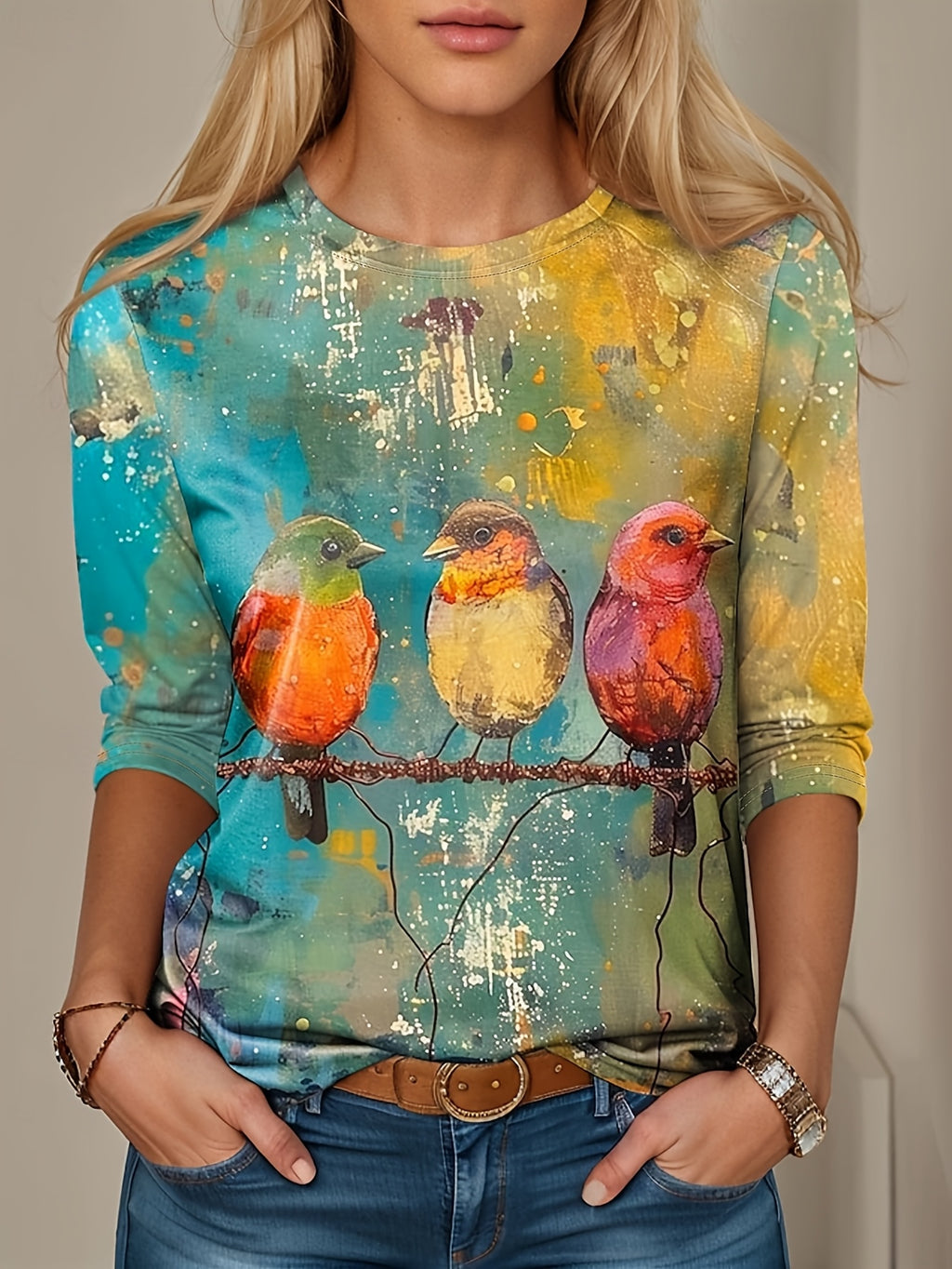 Women's Fashion 3/4 Sleeve Loose Comfortable Basic Animal Print Shirt Round Neck Seven-Eighth Sleeve Casual T-Shirt