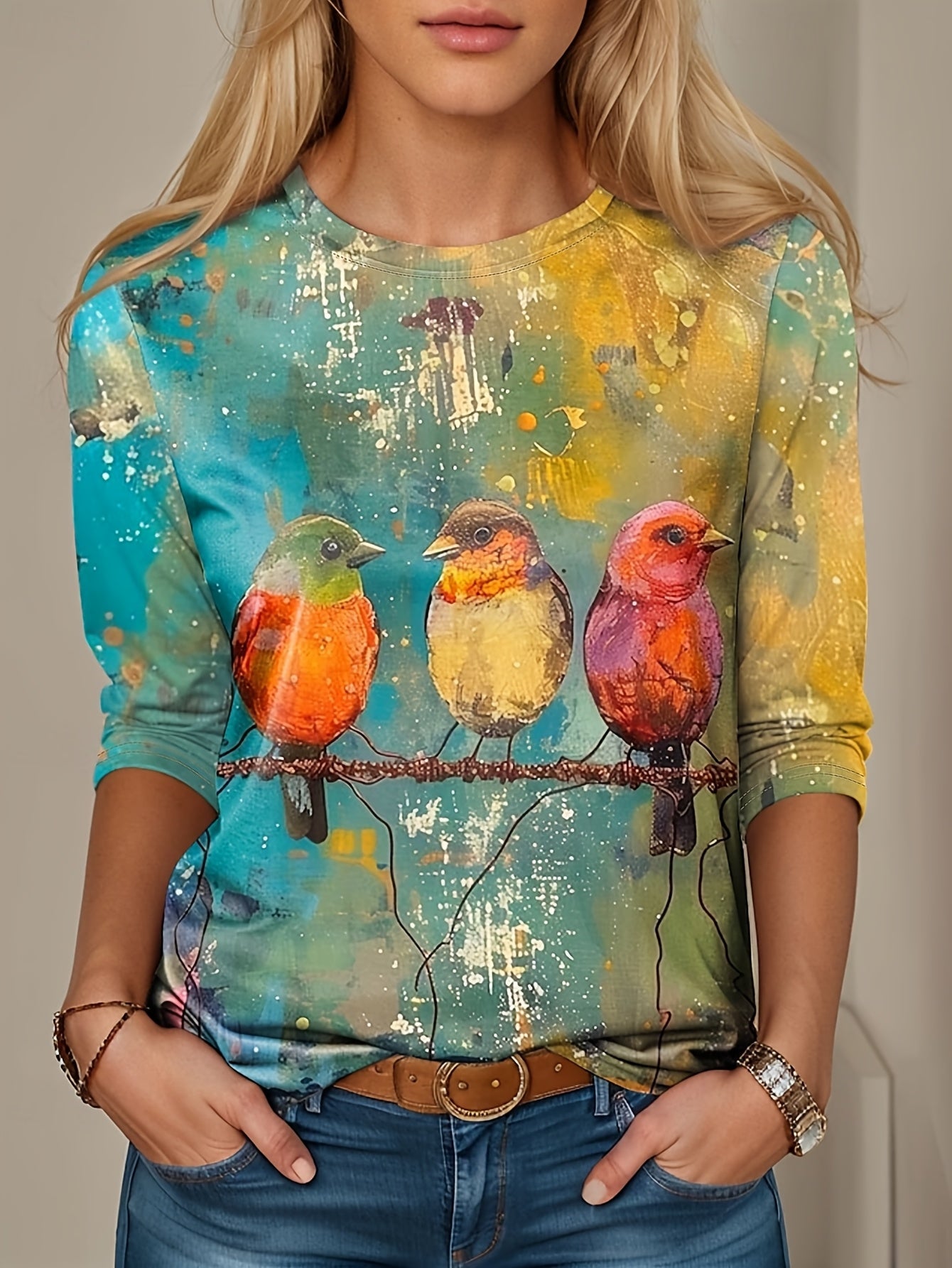 Women's Fashion 3/4 Sleeve Loose Comfortable Basic Animal Print Shirt Round Neck Seven-Eighth Sleeve Casual T-Shirt