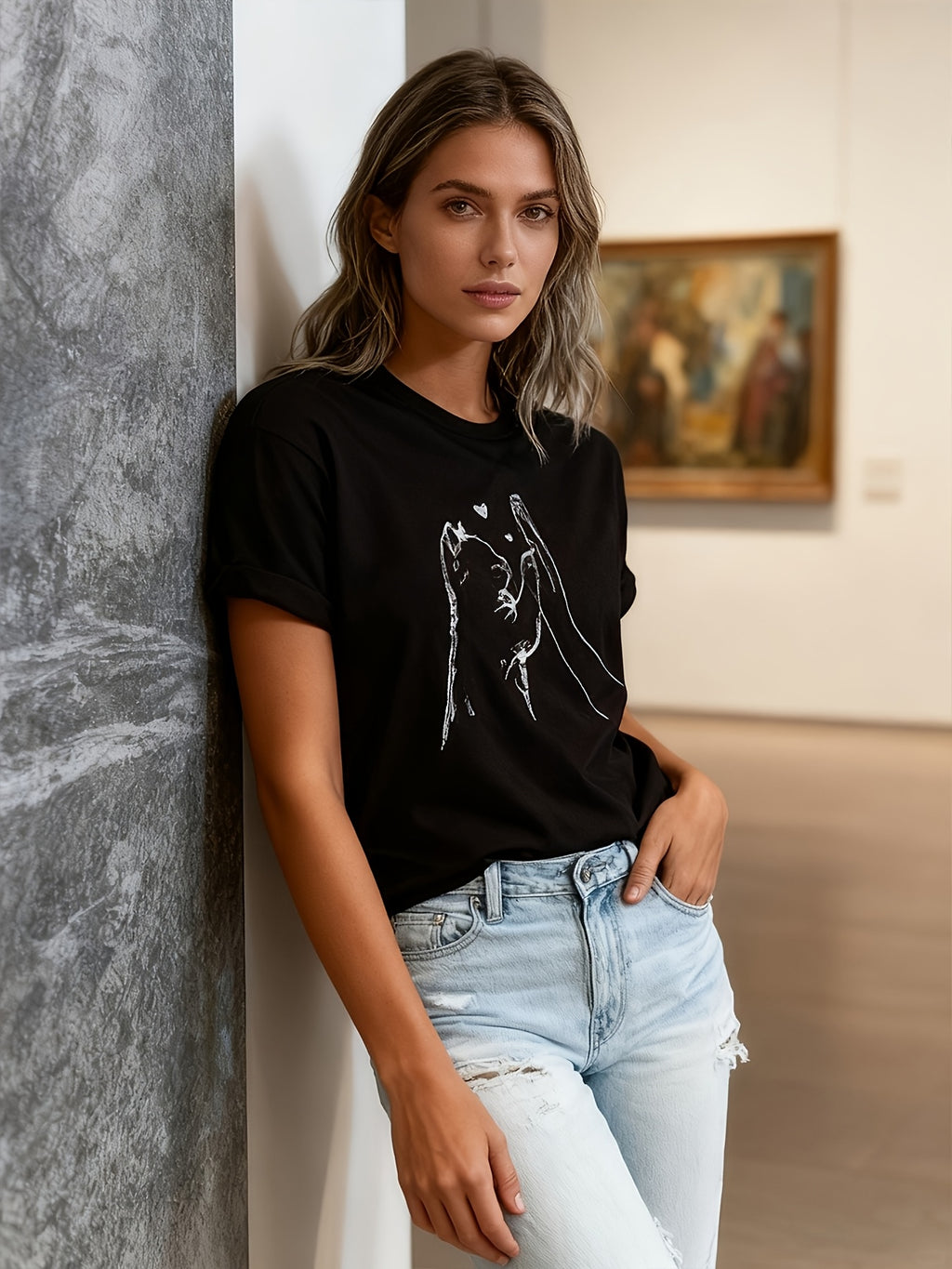 Pet Lovers Cat's Paw Graphic Print Stylish Casual Short Sleeves, Spring and Summer Fit, Round Neck Women's T-shirt