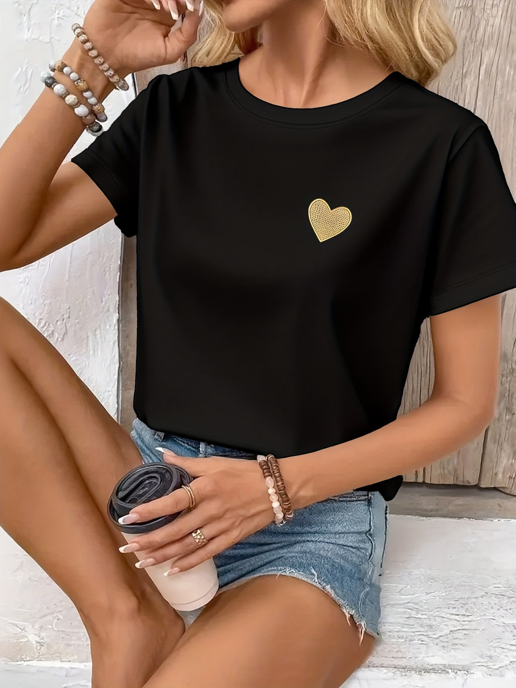 2025 New Yellow Heart Print Fashion Casual Loose Round Neck Short Sleeve T-Shirt, Summer/Spring Women's Loose Sexy Sweet Cute Vacation Top