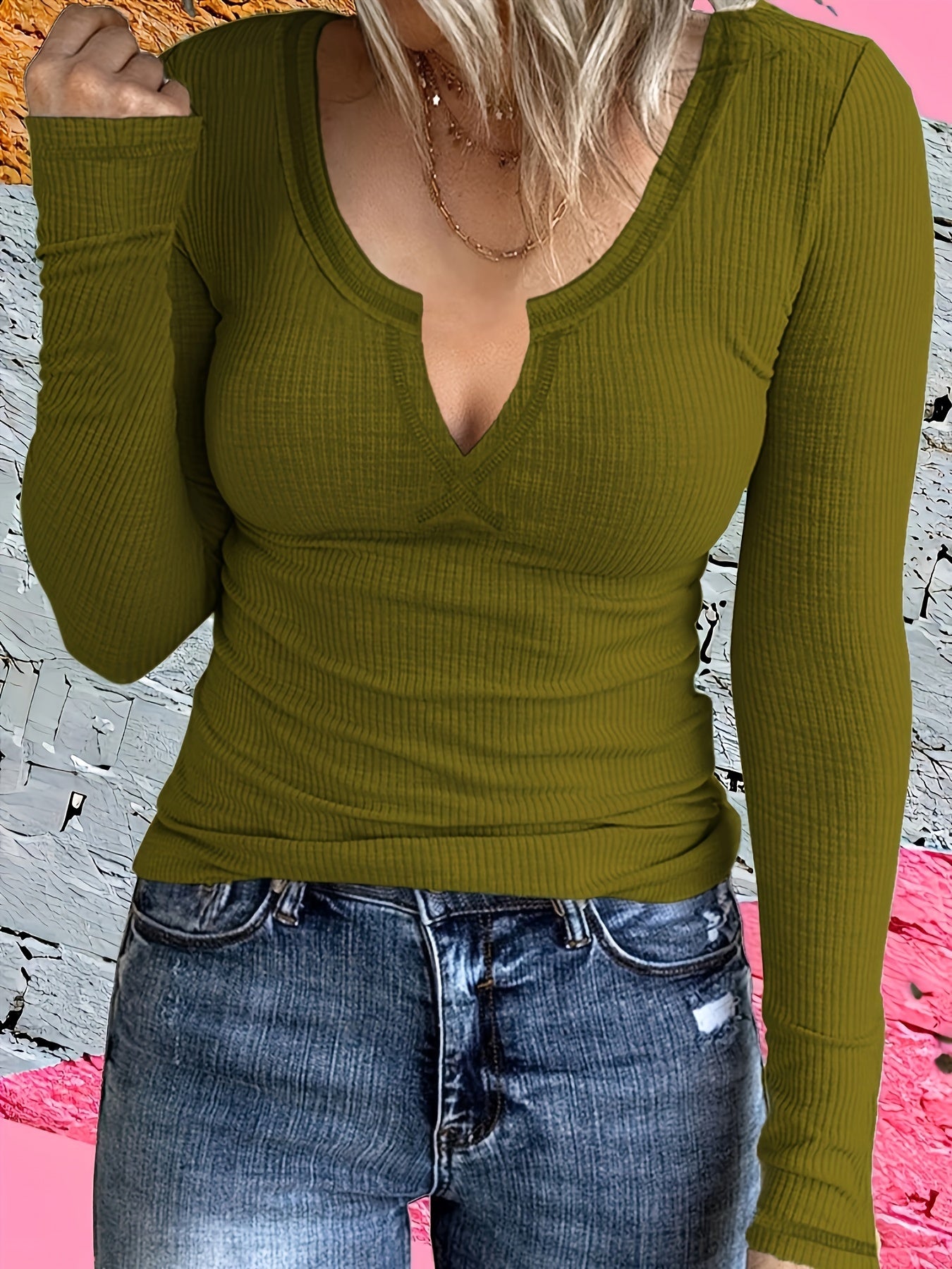 Women's Solid Color Split Neck Long Sleeve T-Shirt, Slim Fit with Stretch, Lightweight Breathable Fabric for Fashionable Spring, Summer, and Autumn Styling