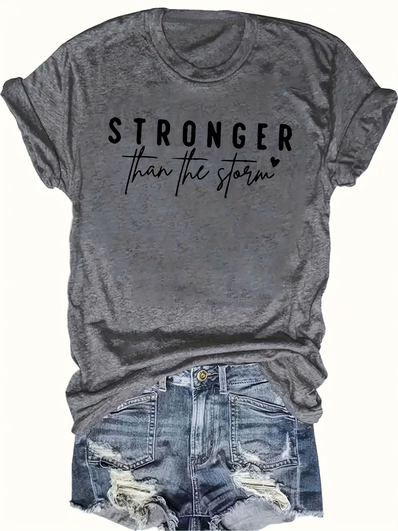 Women'S "Stronger Than the Storm" Graphic Tee - Pink Casual Short Sleeve T-Shirt with Heart Design, Summer 2025 Collection, Casual Attire|Playful Print|Short Sleeve Shirt