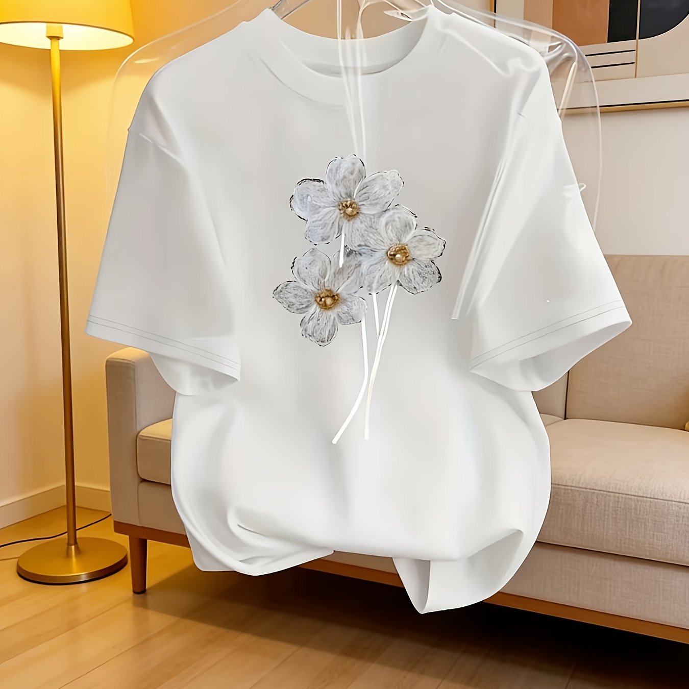 Women's Casual Printed Short-Sleeve T-Shirt - Black Print Design, Round Neck, Lightweight, Machine Washable, Spring/Summer Top, Elegant Women's Shirt