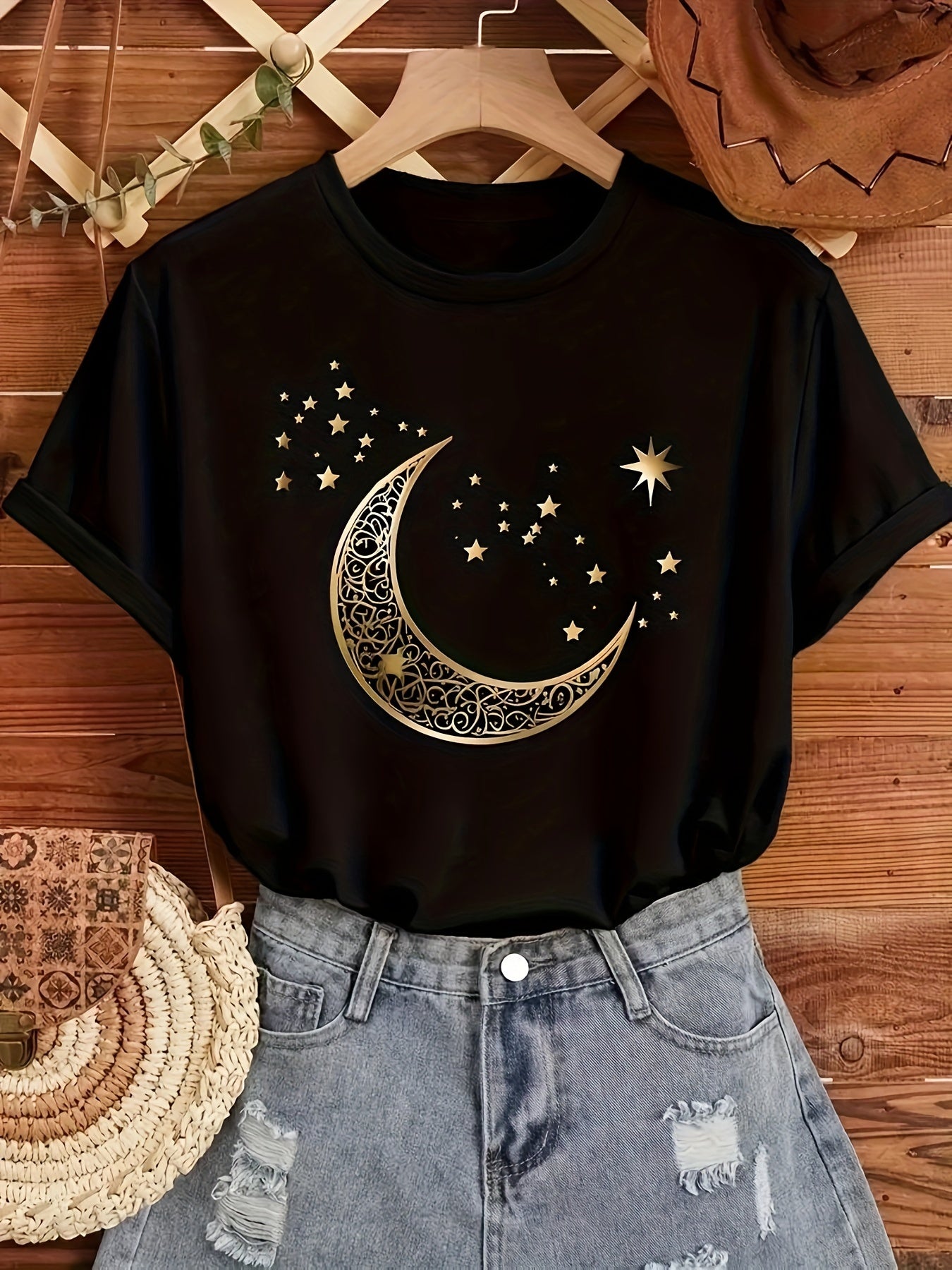 Moon Print Round Neck T-Shirt, Casual Short-Sleeve Top for Spring And Summer, Women'S Clothing