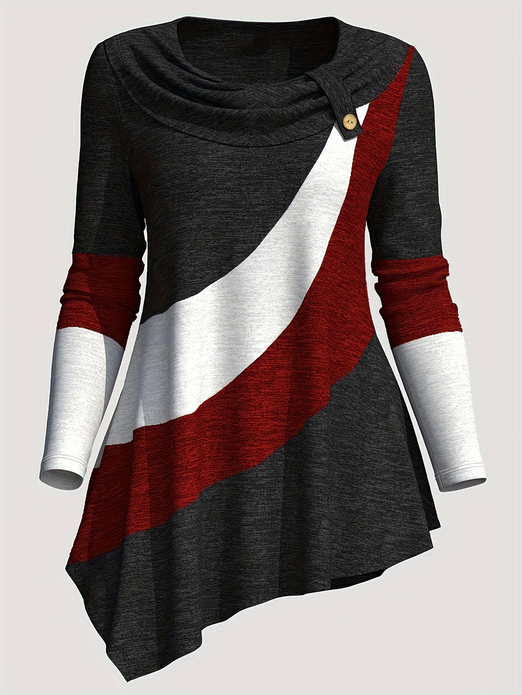 Women'S Long-Sleeve Top with a Collared Design, Featuring an Irregular Hem And Color Block Stitching