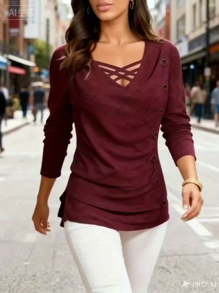 New Autumn And Winter Solid Color V-Neck Loose Elegant Long-Sleeve Top for Women