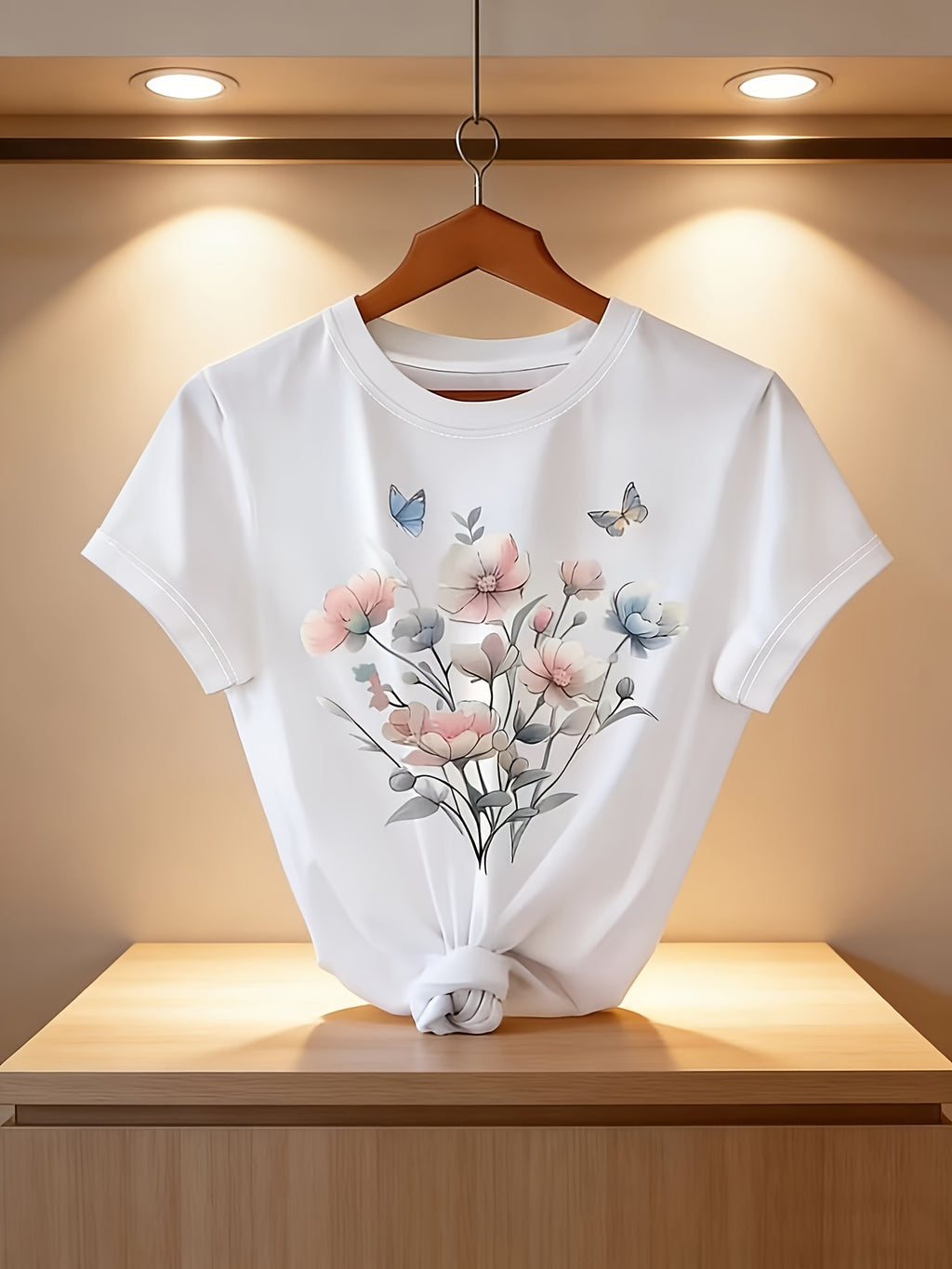 Women's Casual Printed Short-Sleeve T-Shirt - Black Print Design, Round Neck, Lightweight, Machine Washable, Spring/Summer Top, Elegant Women's Shirt