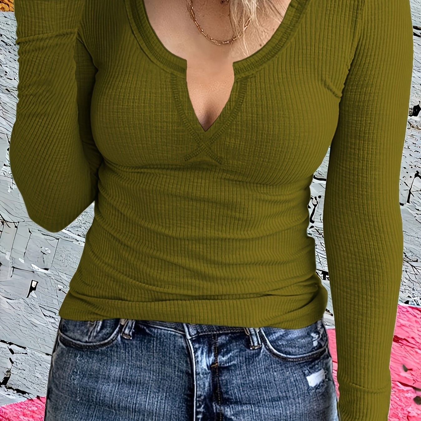 Women's Solid Color Split Neck Long Sleeve T-Shirt, Slim Fit with Stretch, Lightweight Breathable Fabric for Fashionable Spring, Summer, and Autumn Styling