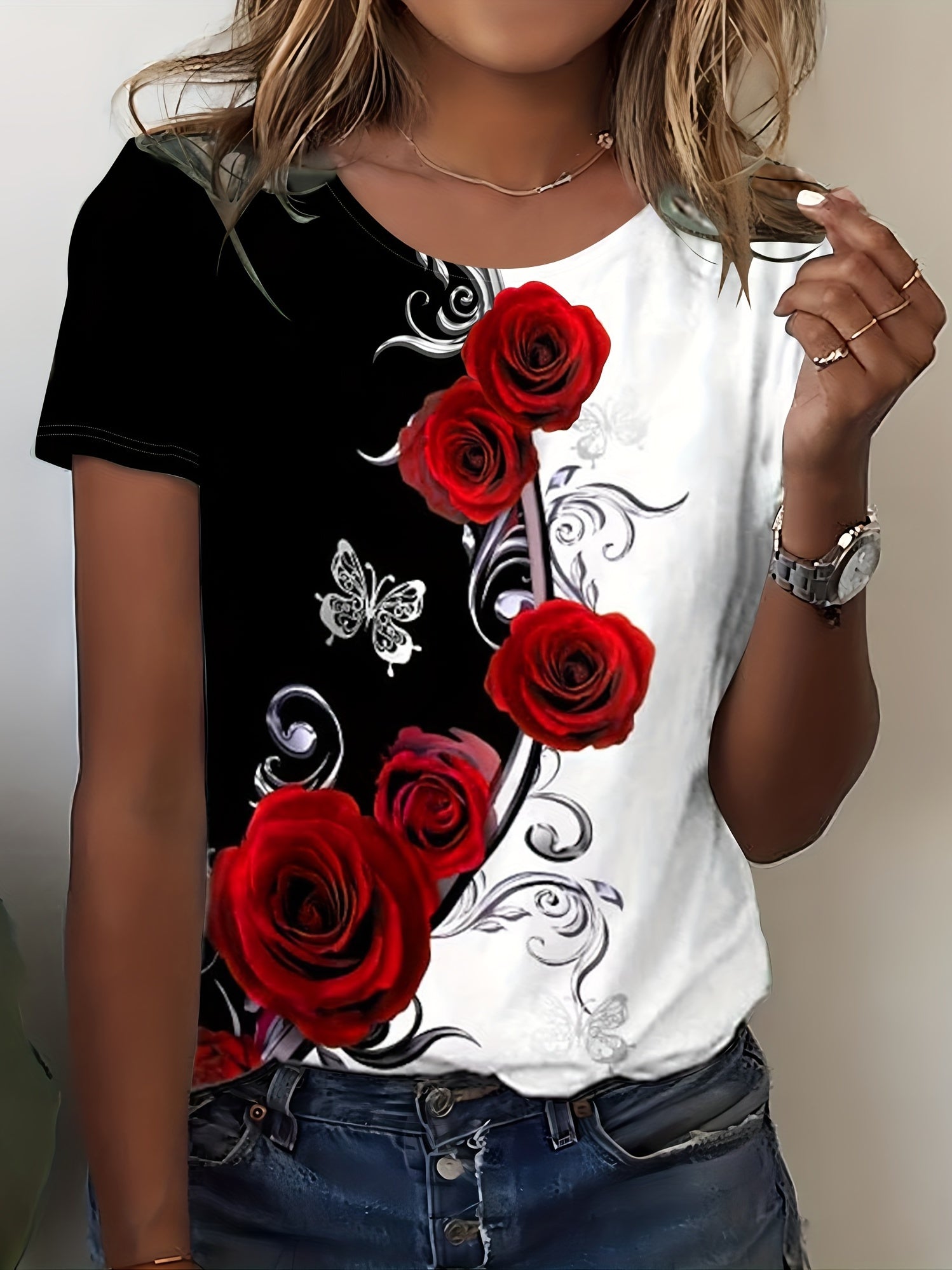 Rose Print Color Block T-shirt, Casual Crew Neck Short Sleeve T-shirt, Women's Clothing