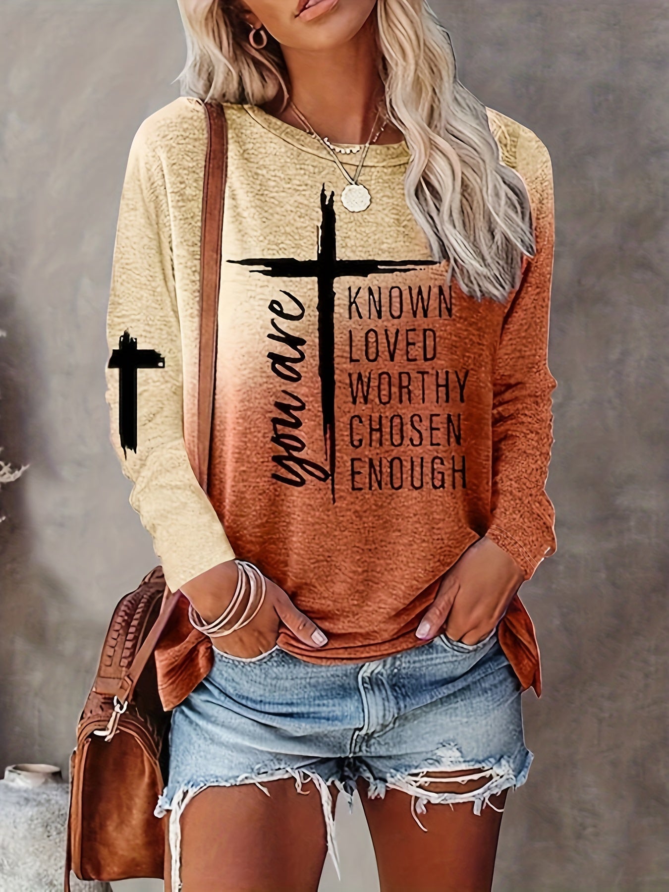 Women's Long Sleeve T-Shirt with Inspirational Lettering & Cross Design - Casual Round Neck Regular Fit All-Season Machine Washable Top, Ladies T Shirts, Casual Attire, Motivational Text Shirt, Soft Texture Apparel