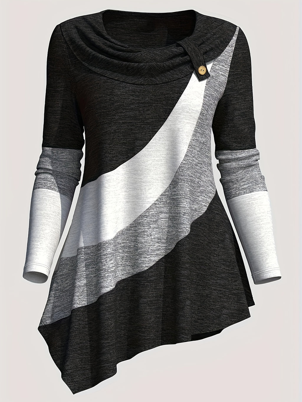 Women'S Long-Sleeve Top with a Collared Design, Featuring an Irregular Hem And Color Block Stitching
