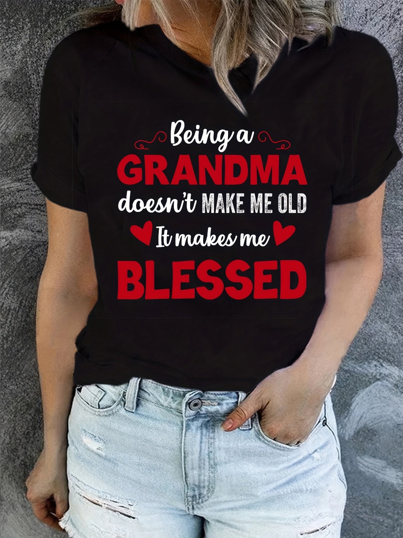 Blessed Grandma Print T-Shirt, Mother's Day Short Sleeve Crew Neck Casual Top For Spring & Summer, Women's Clothing
