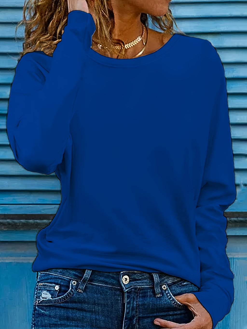 Solid Color T-shirt, Long Sleeve Crew Neck Casual Top for Spring & Fall, Women's Clothing