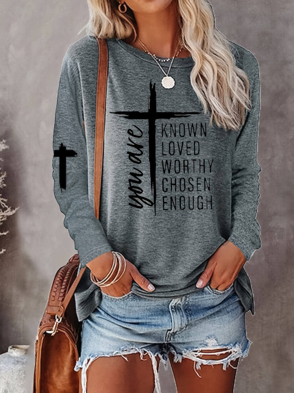Women's Long Sleeve T-Shirt with Inspirational Lettering & Cross Design - Casual Round Neck Regular Fit All-Season Machine Washable Top, Ladies T Shirts, Casual Attire, Motivational Text Shirt, Soft Texture Apparel
