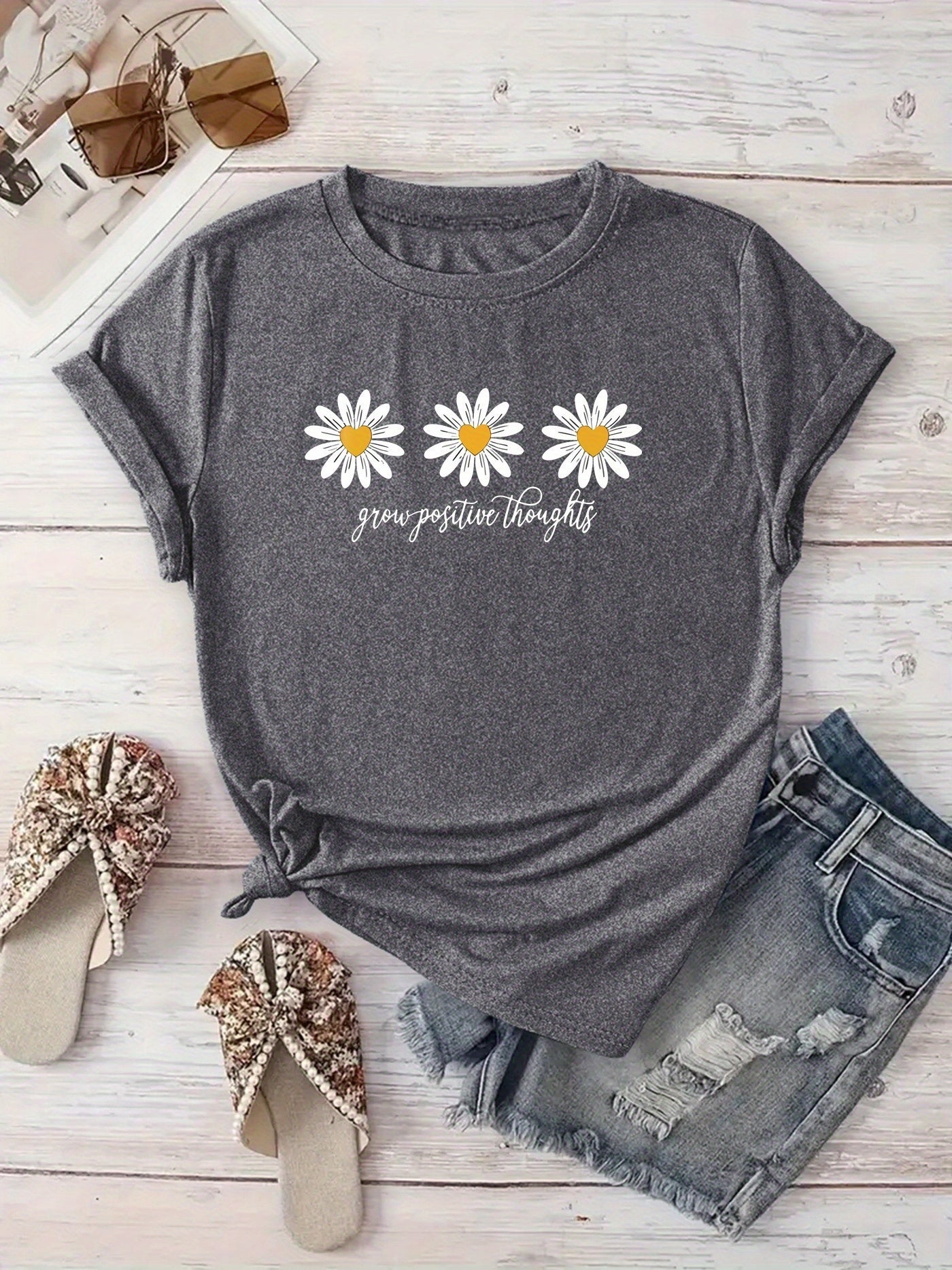 New Arrival: Floral Print T-Shirt for Women, Perfect for Casual Outings, Vacations, Short Sleeves, Round Neck, Suitable for Spring And Summer, Machine Washable, Versatile And Flattering for Streetwear And .