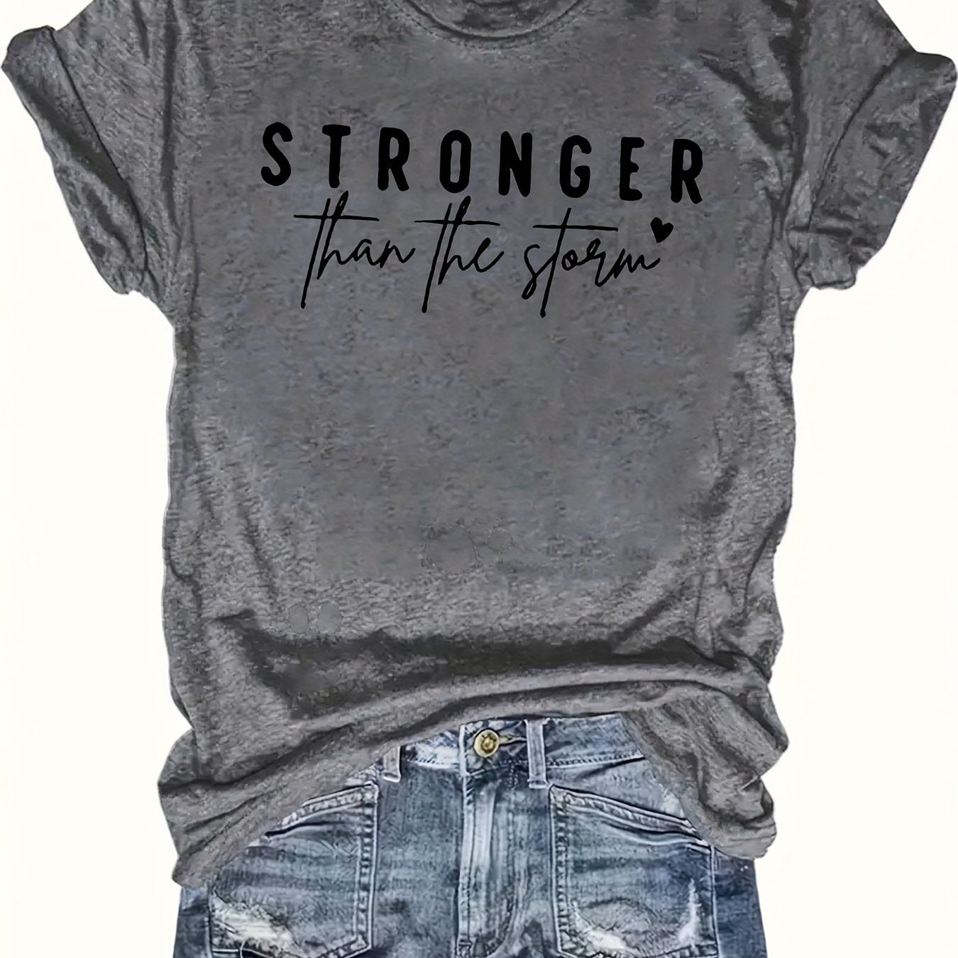 Women'S "Stronger Than the Storm" Graphic Tee - Pink Casual Short Sleeve T-Shirt with Heart Design, Summer 2025 Collection, Casual Attire|Playful Print|Short Sleeve Shirt