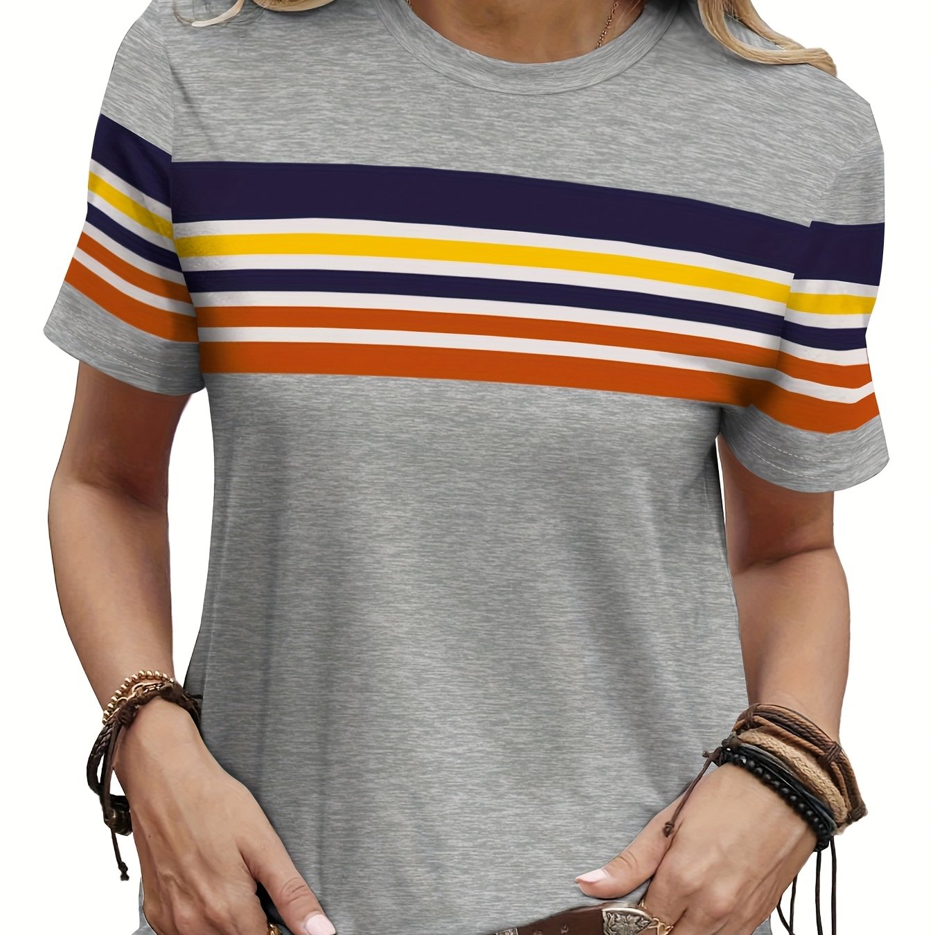 Ladies' Short Sleeved T-shirt - Fashionable, Casual, Elegant, Vacation Retro Color Block Splicing, Striped Graphic Full Body Printed Breathable Round Neck Short Sleeved T-shirt, Suitable for Daily Commuting, Versatile, Comfor