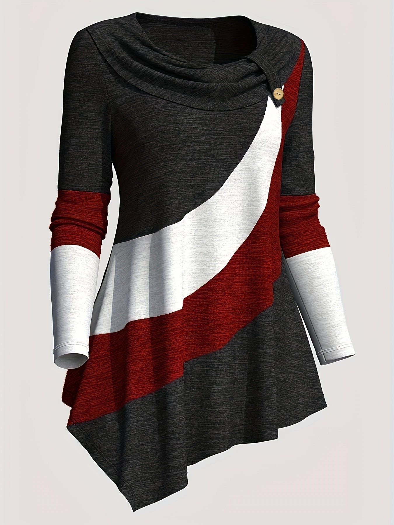 Women'S Long-Sleeve Top with a Collared Design, Featuring an Irregular Hem And Color Block Stitching