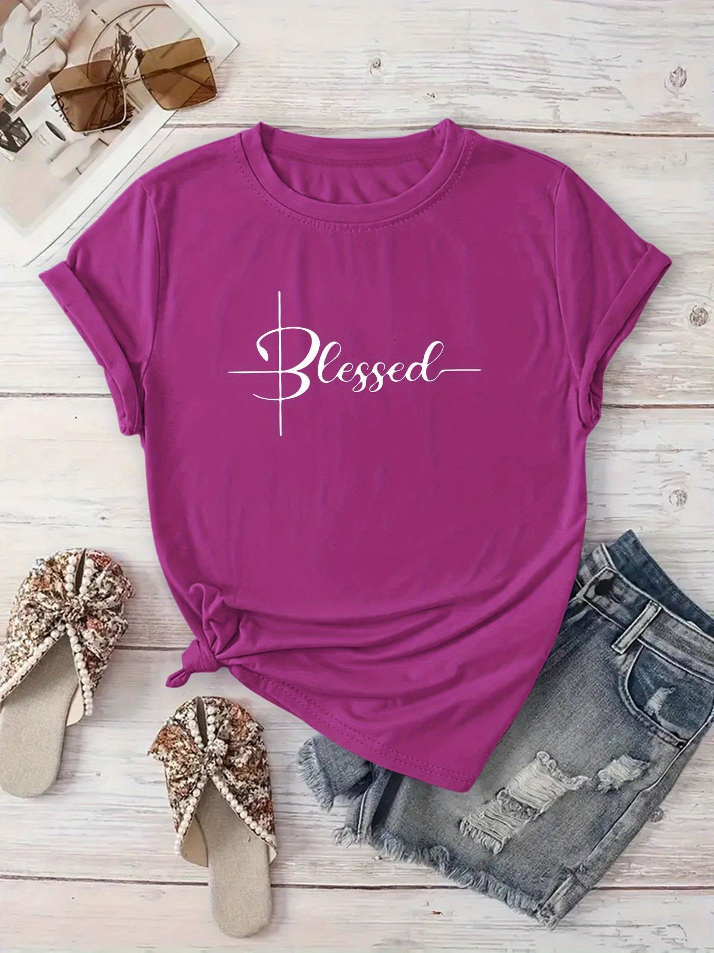 [New Recommendation] Creative Monogram Blessed Printed T-shirt, Women's Casual, Vacation, Short-sleeved Round Neck, Spring and Summer, Machine Washable, New Women's Clothing, Out of the Street Versatile, S