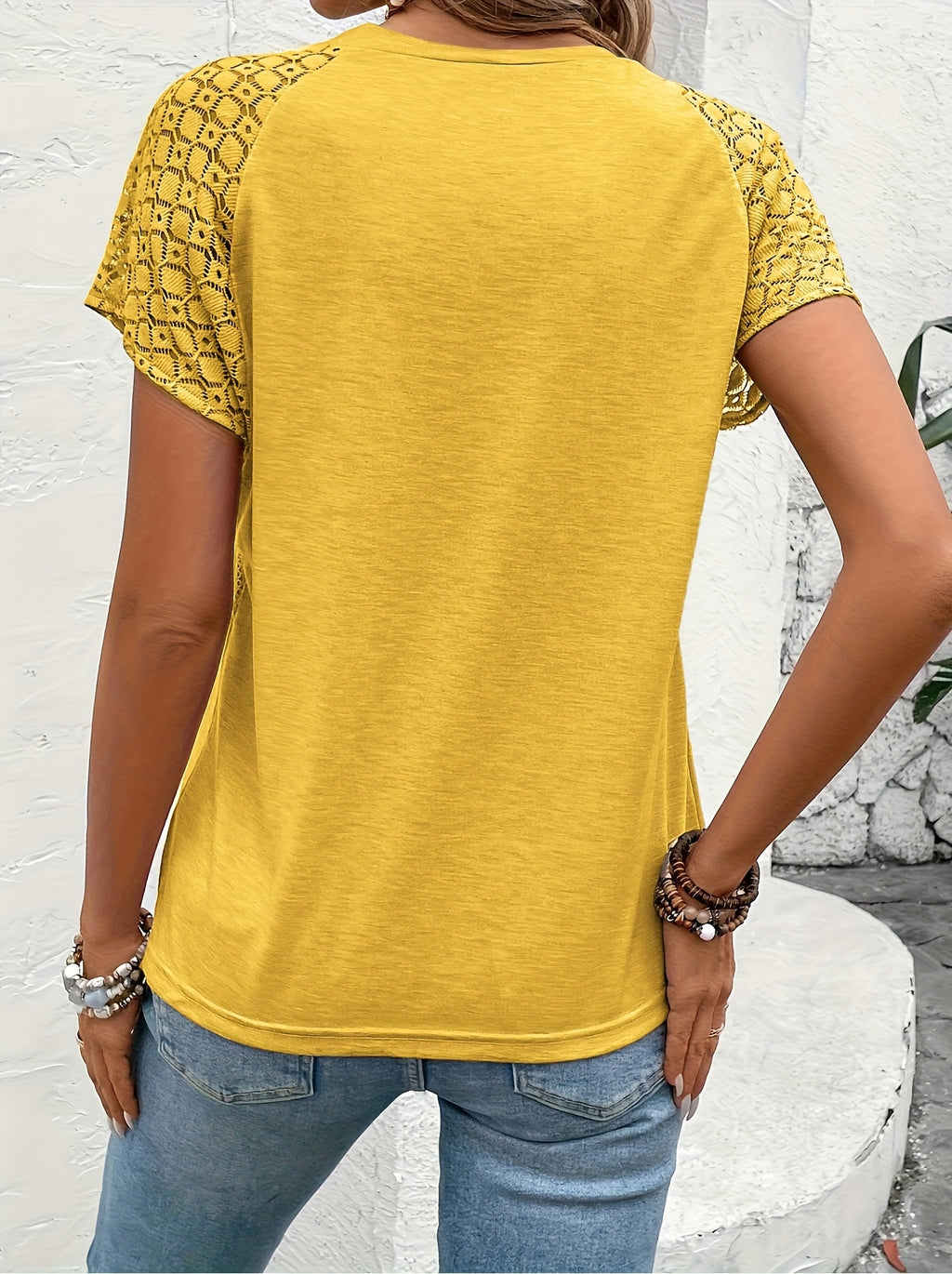 Women's Fashion Solid Color Color-Block Lace Sleeve T-shirt
