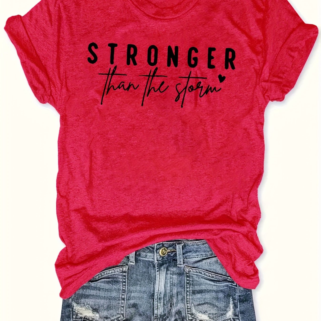 Women'S "Stronger Than the Storm" Graphic Tee - Pink Casual Short Sleeve T-Shirt with Heart Design, Summer 2025 Collection, Casual Attire|Playful Print|Short Sleeve Shirt