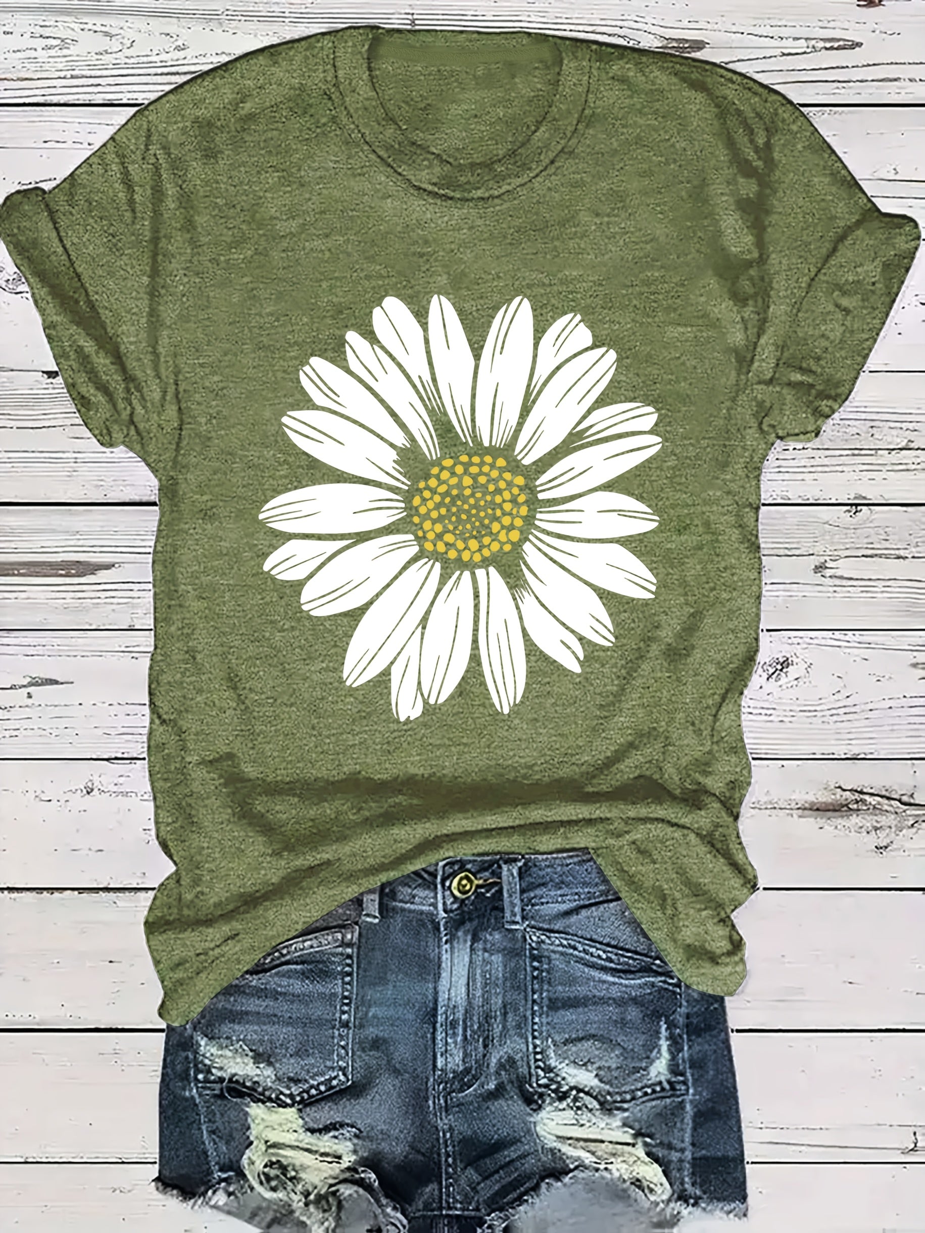Daisy Flower Print Women's Summer Outfit Combined Version Round Neck T-shirt