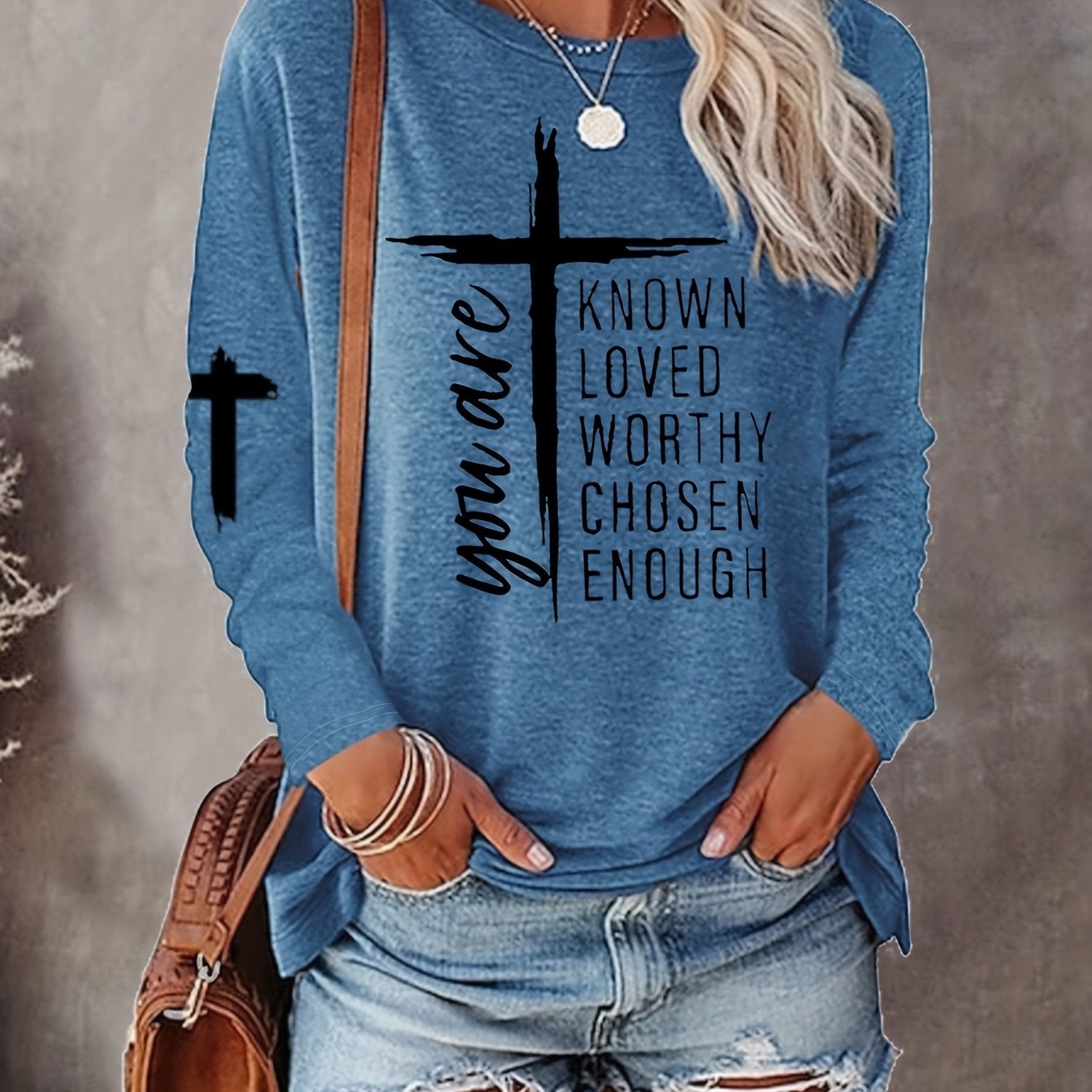 Women's Long Sleeve T-Shirt with Inspirational Lettering & Cross Design - Casual Round Neck Regular Fit All-Season Machine Washable Top, Ladies T Shirts, Casual Attire, Motivational Text Shirt, Soft Texture Apparel