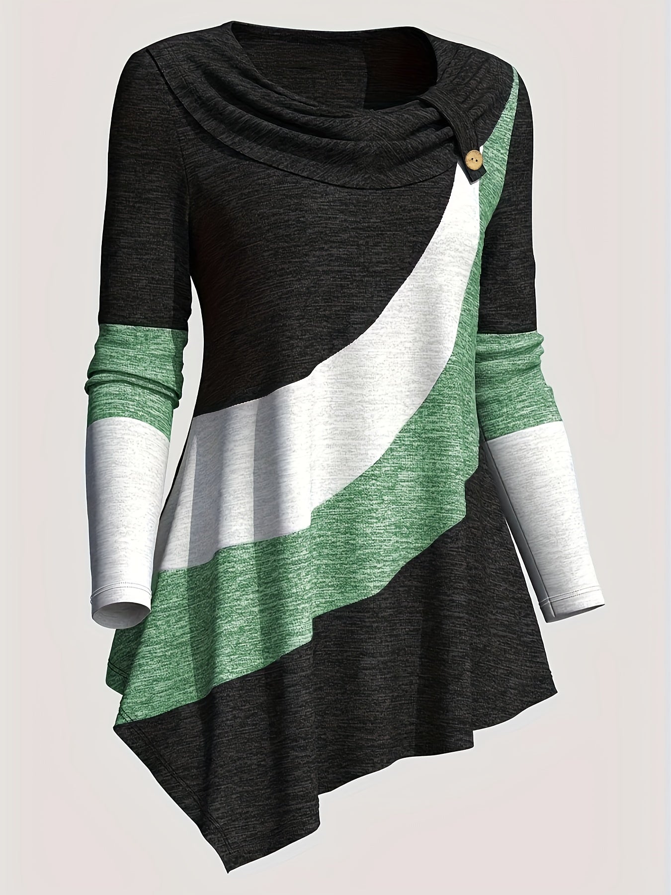 Women'S Long-Sleeve Top with a Collared Design, Featuring an Irregular Hem And Color Block Stitching