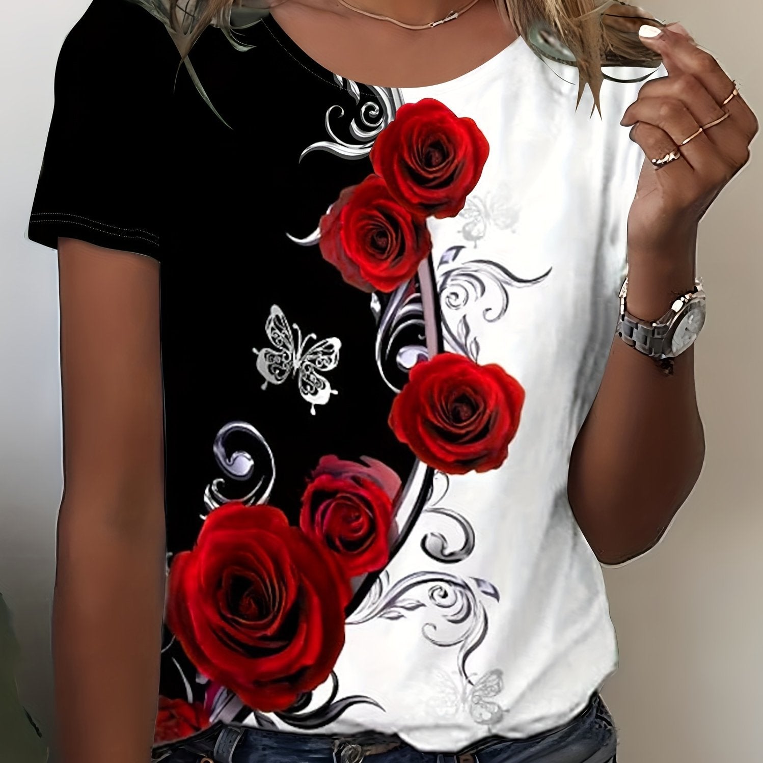 Rose Print Color Block T-shirt, Casual Crew Neck Short Sleeve T-shirt, Women's Clothing
