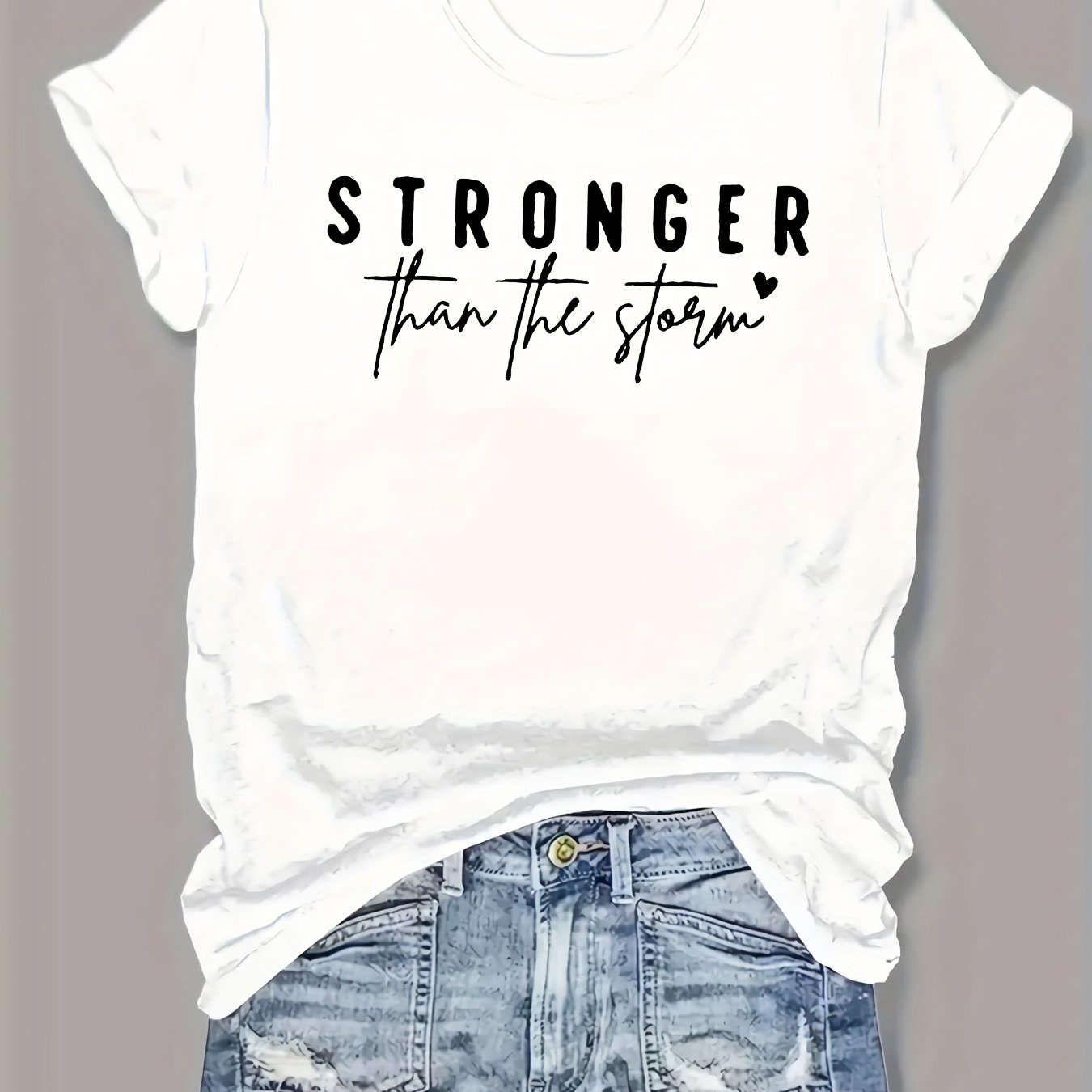 Women'S "Stronger Than the Storm" Graphic Tee - Pink Casual Short Sleeve T-Shirt with Heart Design, Summer 2025 Collection, Casual Attire|Playful Print|Short Sleeve Shirt