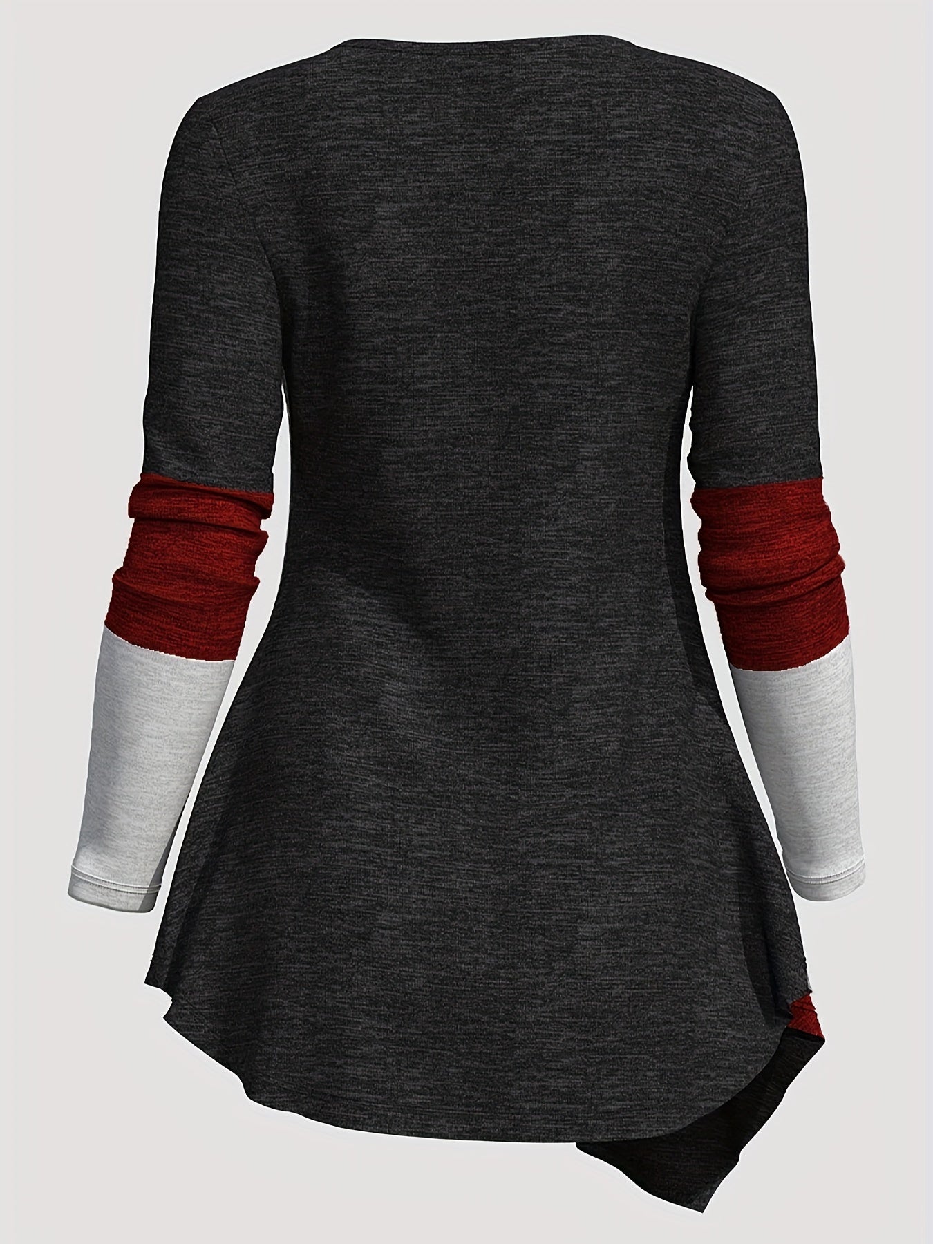 Women'S Long-Sleeve Top with a Collared Design, Featuring an Irregular Hem And Color Block Stitching