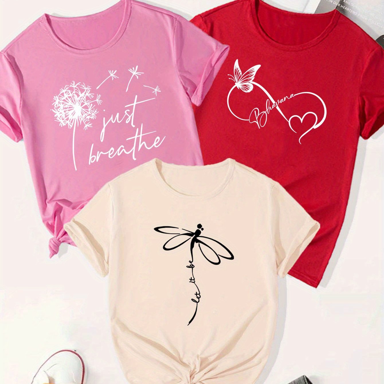Creative Dragonfly&Butterfly&Dandelion Alphabetical Elements Printed T Shirt 3pcs Set, Summer and Spring Short Sleeve Round Neck Casual Tops Multi Sets for Women