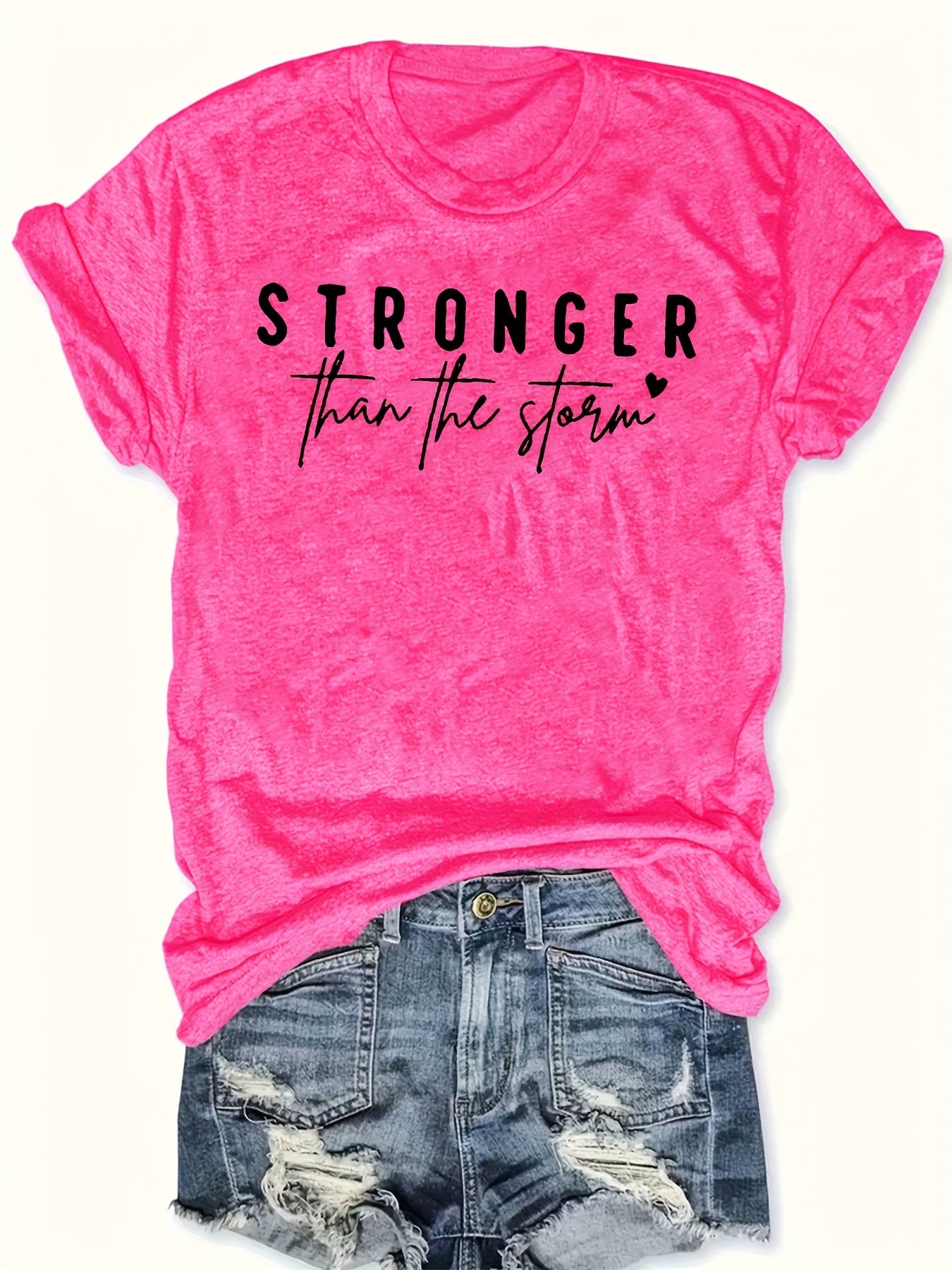 Women'S "Stronger Than the Storm" Graphic Tee - Pink Casual Short Sleeve T-Shirt with Heart Design, Summer 2025 Collection, Casual Attire|Playful Print|Short Sleeve Shirt
